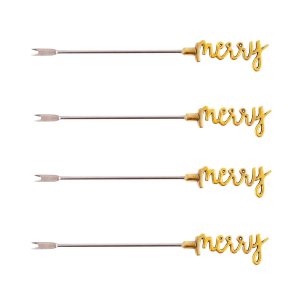 4 Piece "Merry" Cocktail Picks - Option of Silver or Gold Color