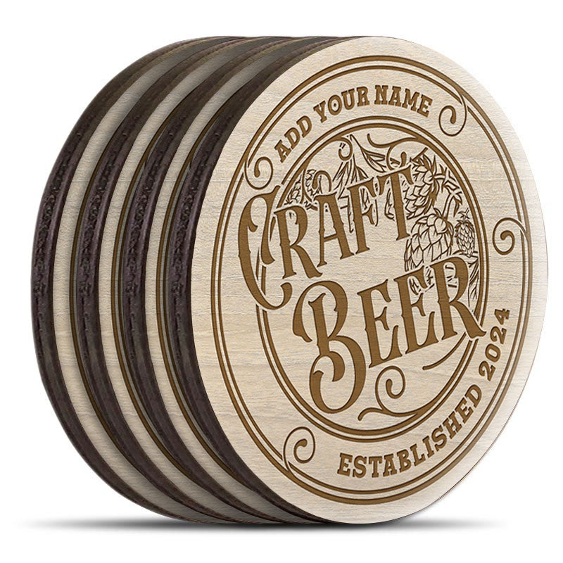 Customizable Engraved Wooden Coasters - Craft Beer Theme - Round - Set of 4