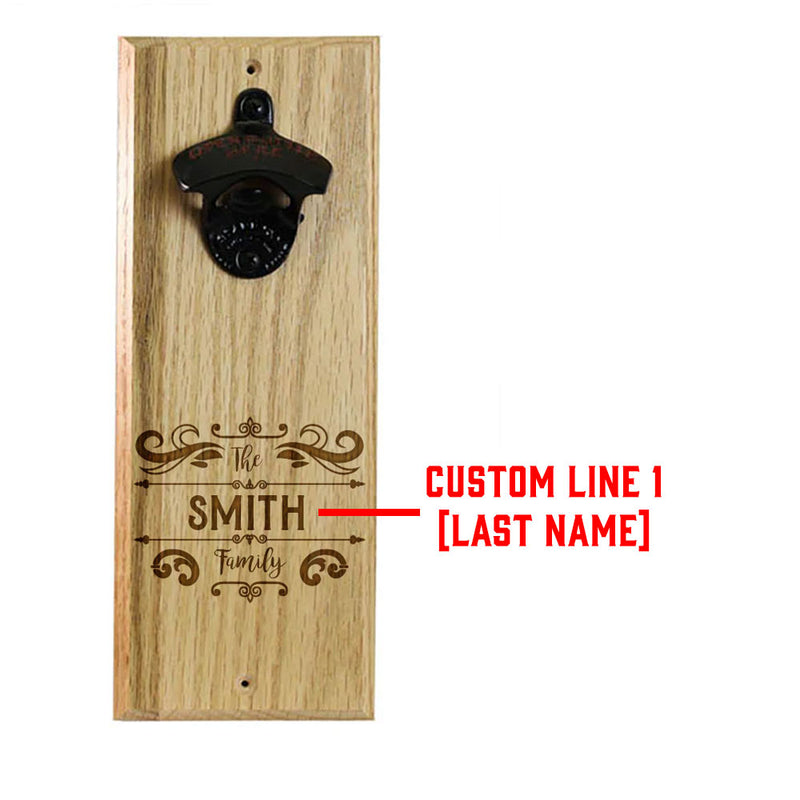 Wooden Wall Bottle Opener w/ Magnetic Cap Catcher - Custom Engraved Family Name Decorative Theme