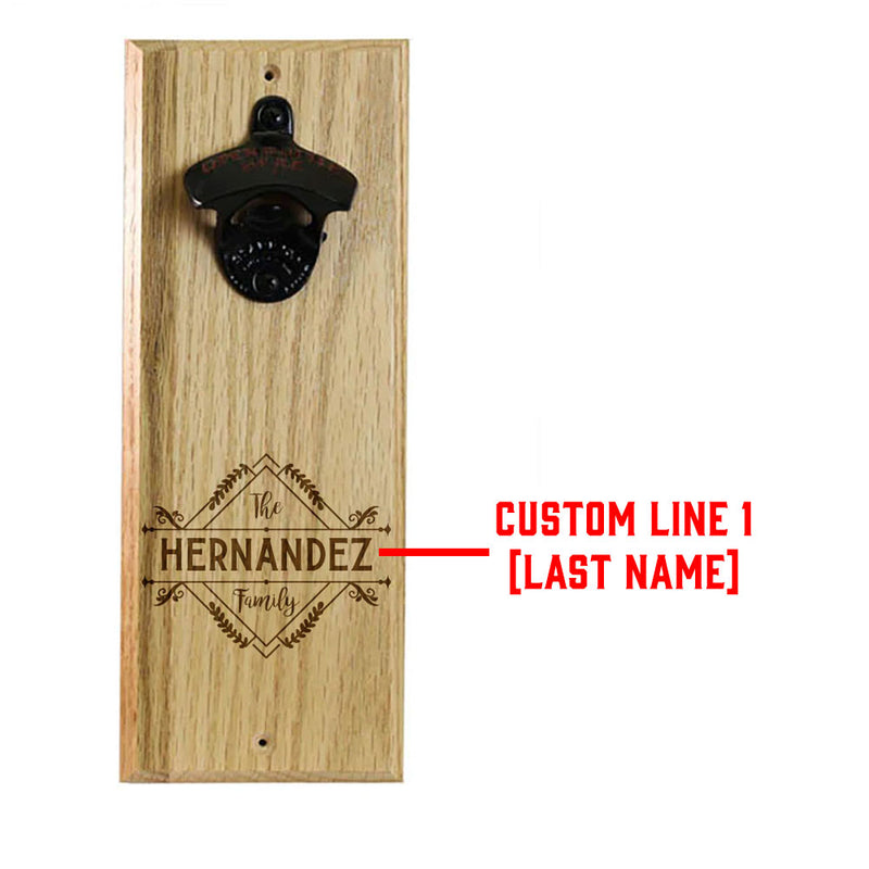 Wooden Wall Bottle Opener w/ Magnetic Cap Catcher - Custom Engraved Family Name Floral Theme