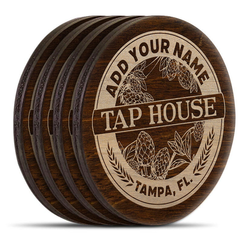 Customizable Engraved Wooden Coasters - Tap House Theme - Round - Set of 4