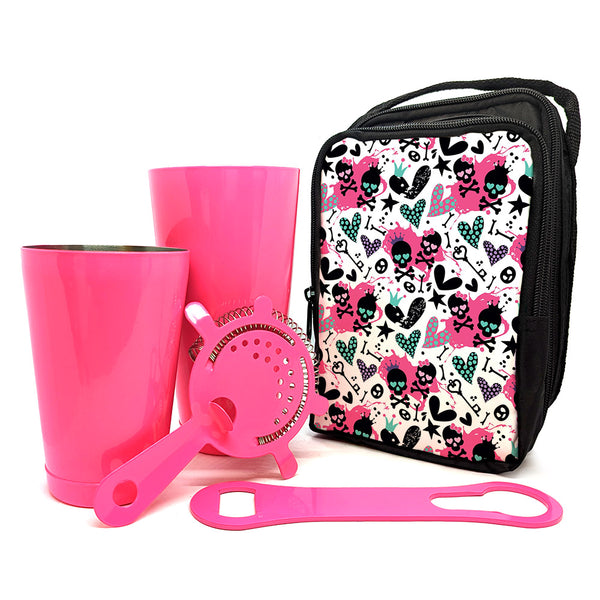 Bar Tote Set w/ Neon Pink Colored Bar Tools - Cute Skull