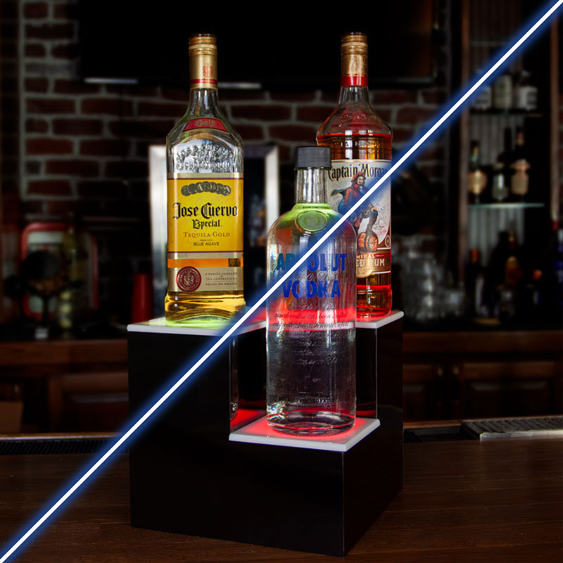 BarConic® LED Liquor Bottle Display Shelf - Inside Corner - 2 Steps - Multi-Colored Lights