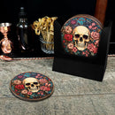 Wooden Round Coasters - Multiple Stained Glass Skulls Design 6 W/ Coaster Caddy