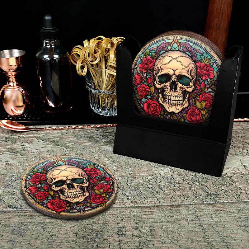 Wooden Round Coasters - Multiple Stained Glass Skulls Design 7 W/ Coaster Caddy