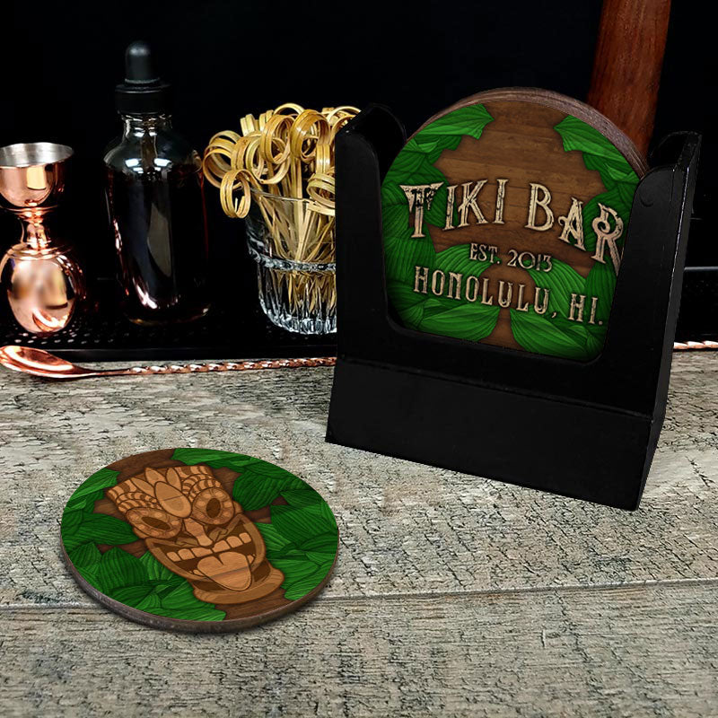 Customizable Wooden Coasters - Tiki Leaves - Round - Set of 4