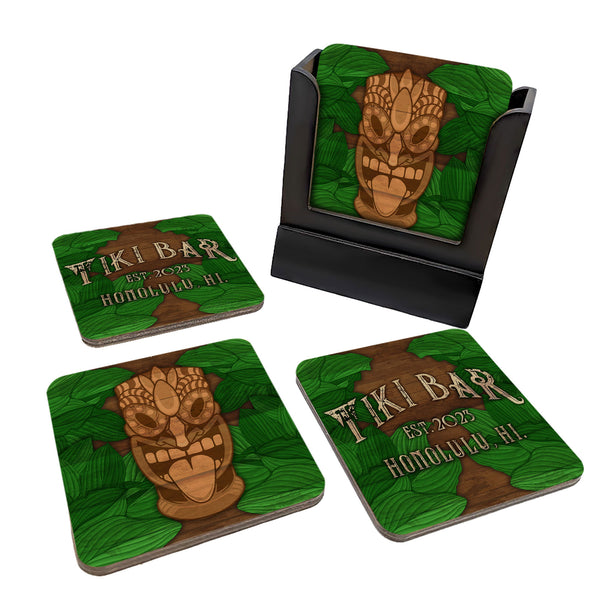 Customizable Wooden Square Coasters - Tiki Leaves - Set of 4