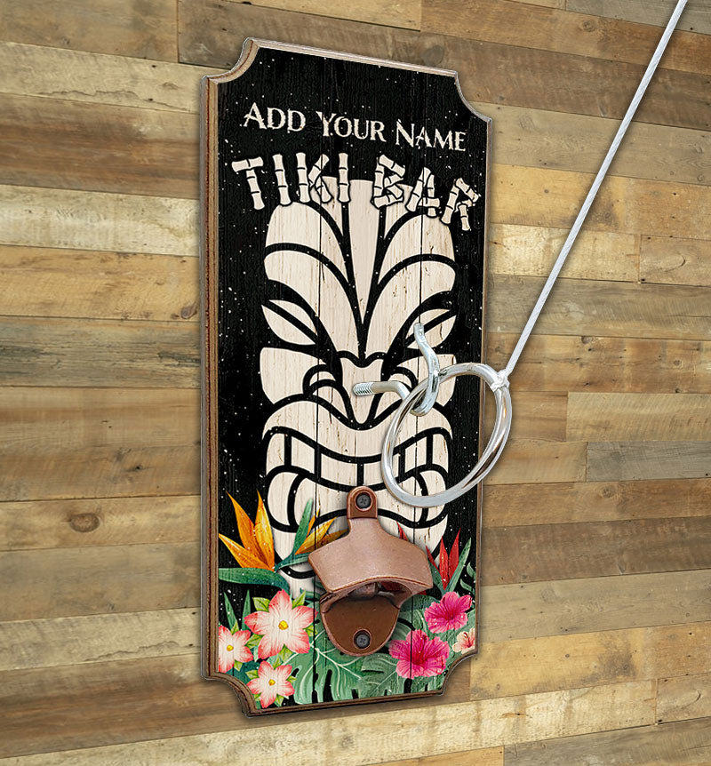 Customizable Wall Mounted Ring Toss Game with Bottle Opener - Tiki Bar