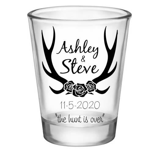 CUSTOMIZABLE - 1.75oz Clear Wedding Shot Glass - Antlers (Version 2)