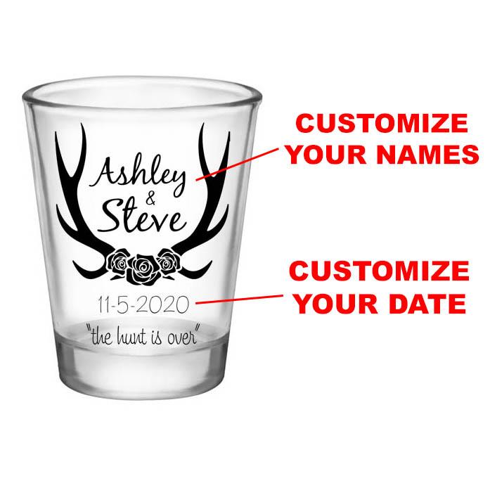 CUSTOMIZABLE - 1.75oz Clear Wedding Shot Glass - Antlers (Version 2)