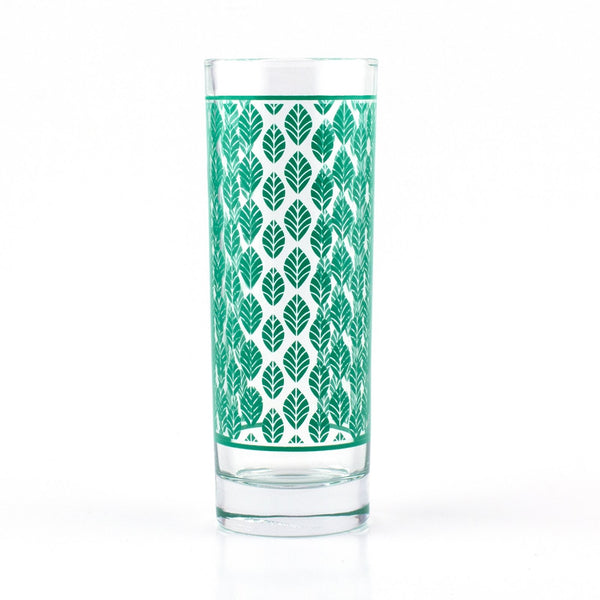 BarConic® Dark Green Retro Leaves Pattern Highball Glass  - 9.5 oz