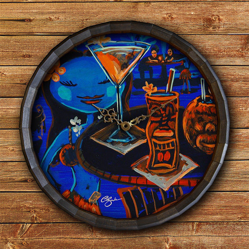 Wood Barrel Top Sign/Clock - Blue Hula