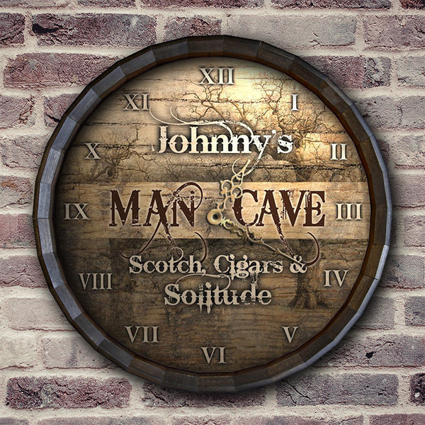 Custom Barrel Top “Man Cave, Scotch, Cigars, Solitude” Wall Clock