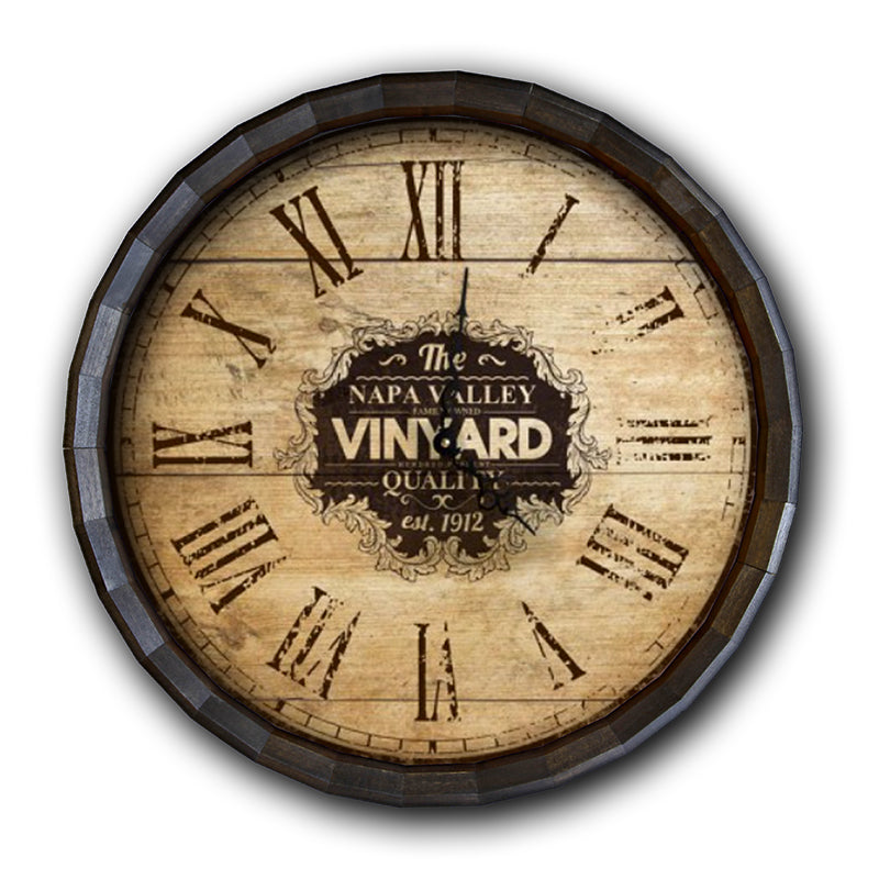 Wood Barrel Top Clock - Large Vineyard Roman Numeral