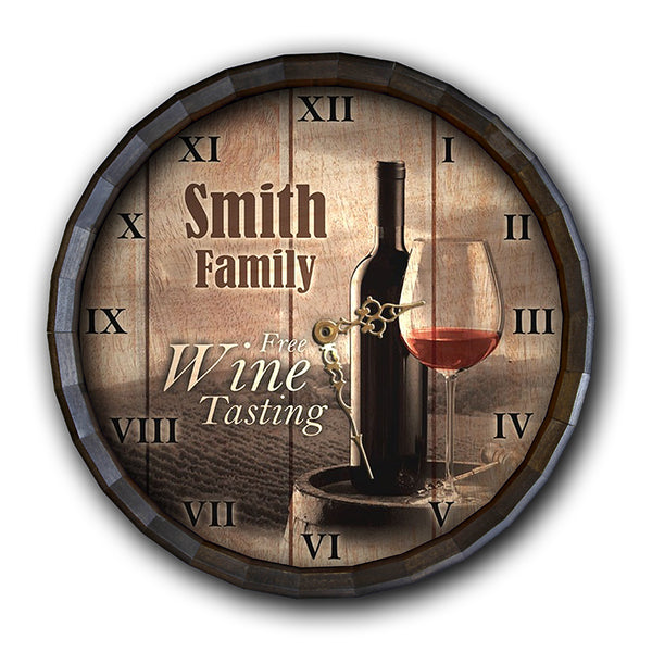 Whiskey Wood Barrel Top Clock – Free Wine Tasting