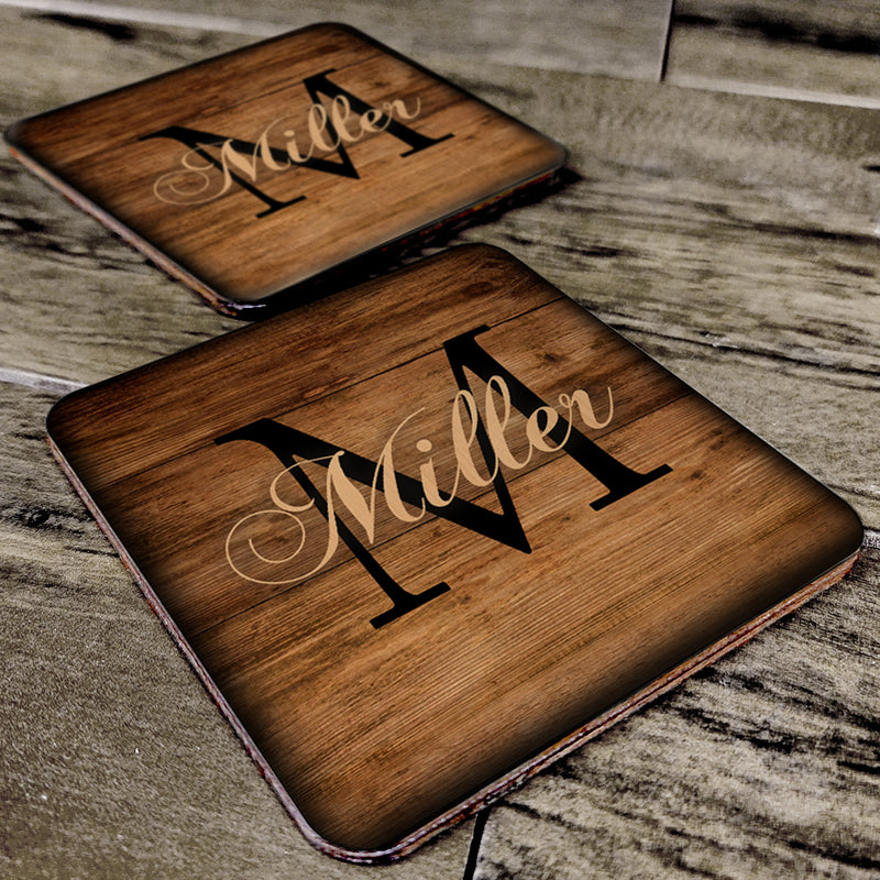 Customizable Wooden Square Coasters - Monogram - Set of 4