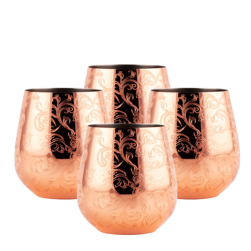 Stemless Wine Glass - Copper Etched - Set of 4