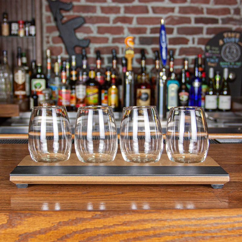 Wine Flight with Walnut Finish and Chalk Strip - Includes 12oz. Stemless Wine Glasses