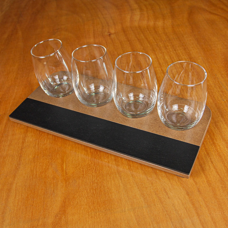 Wine Flight with Walnut Finish and Chalk Strip - Includes 12oz. Stemless Wine Glasses