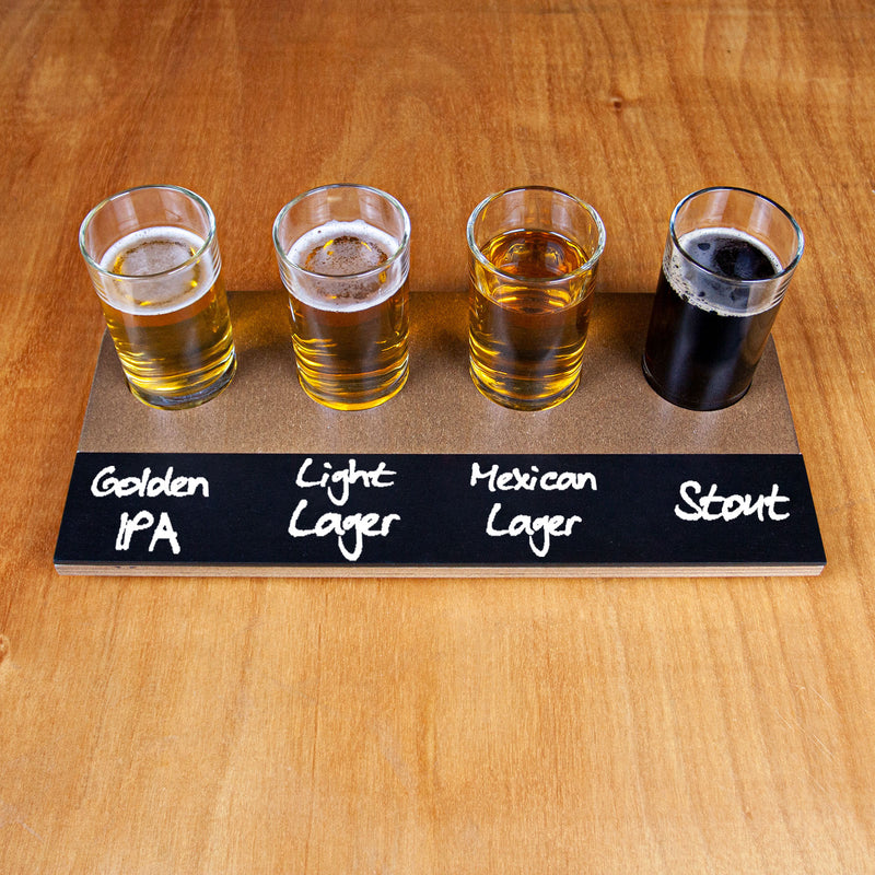 Beer Flight with Walnut Finish and Chalk Strip - Highball Glasses