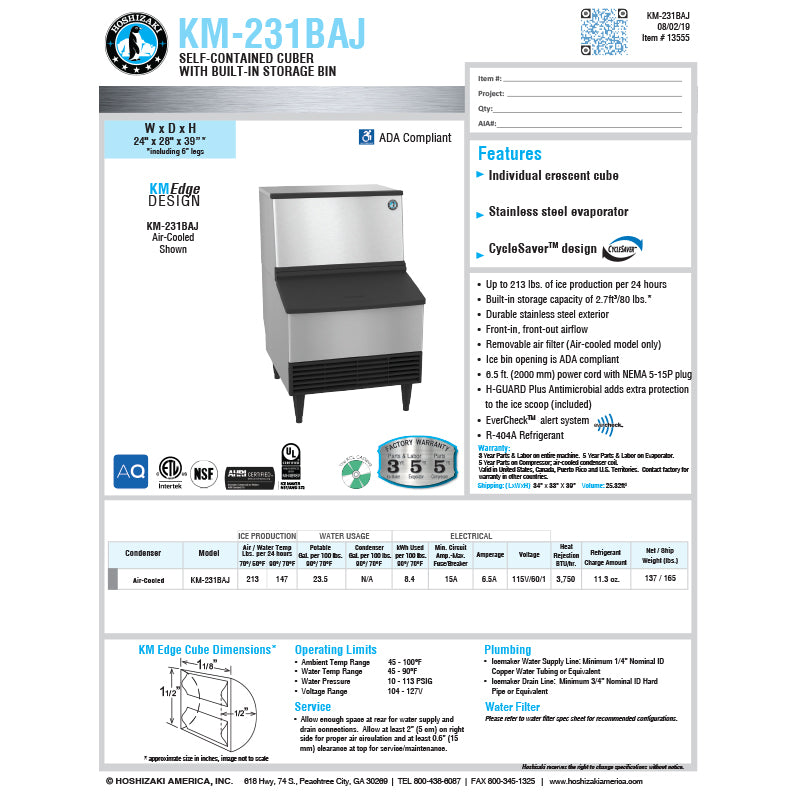 Hoshizaki Air Cooled 80lb. Storage Crescent Cube Ice Maker w/ Bin