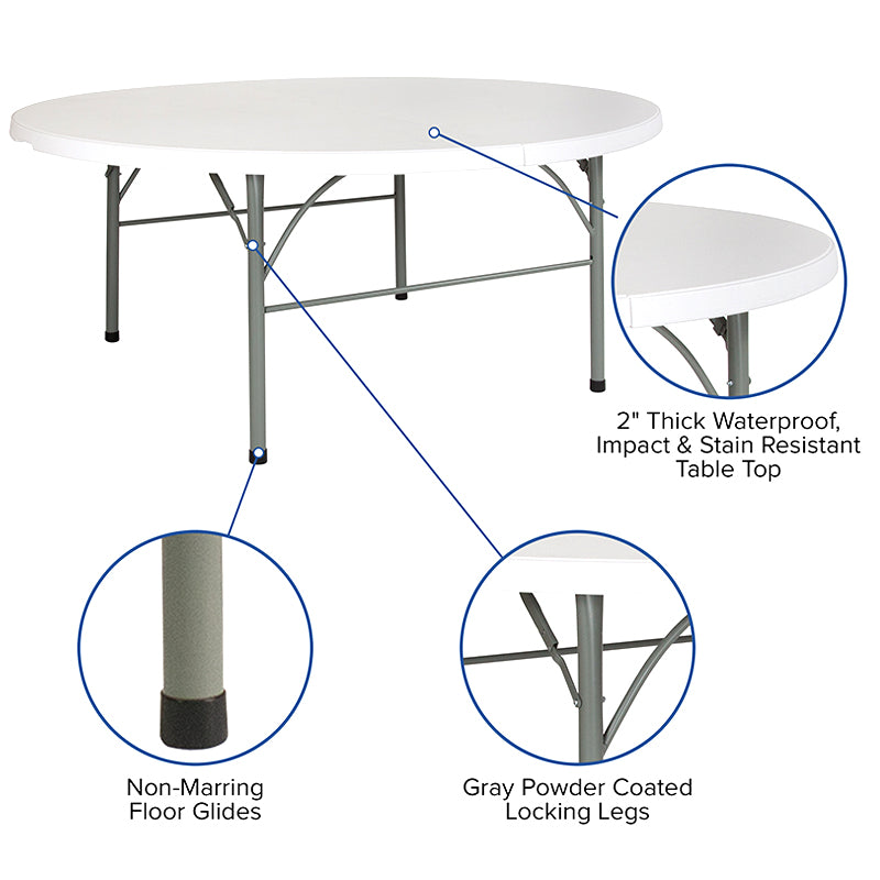 6-Foot Round Bi-Fold Granite White Plastic Banquet and Event Folding Table with Carrying Handle