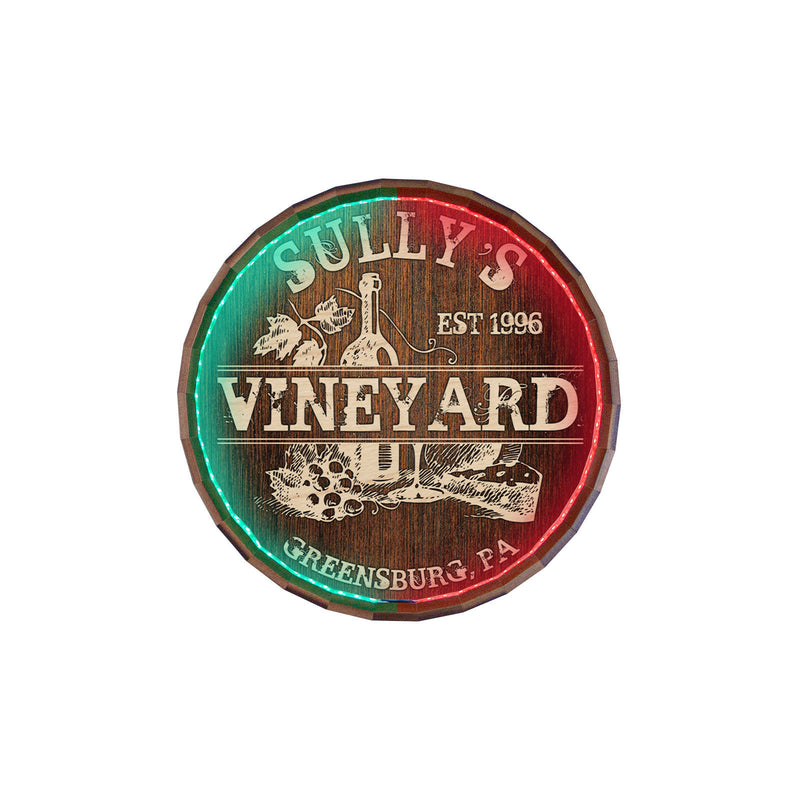 Custom LED Wood Barrel Top Sign - Vineyard