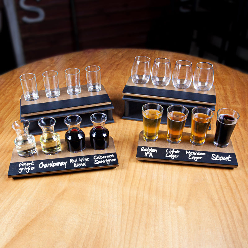 Beer Flight with Walnut Finish and Chalk Strip - Includes 8.5oz. Flared Glasses