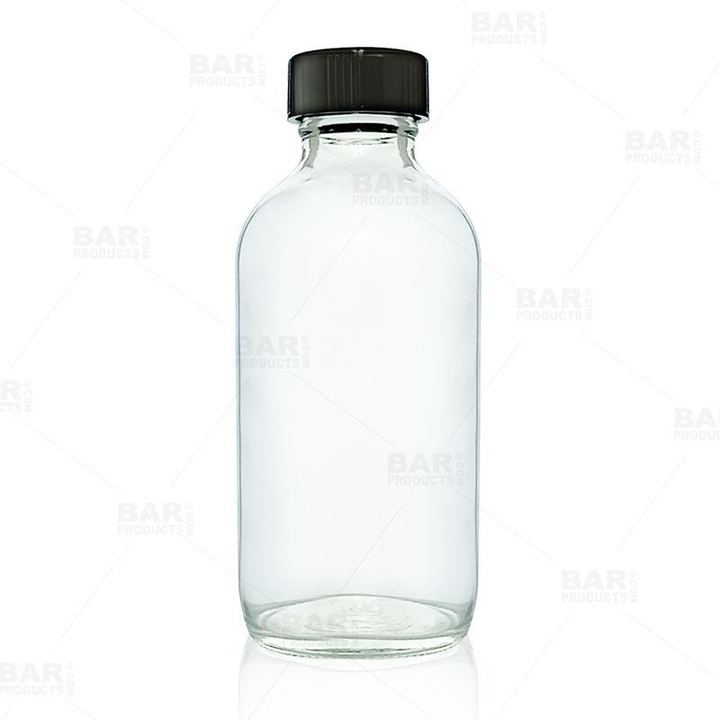 Boston Round Craft Bartending Bottle w/ Black Lid - Clear 4oz