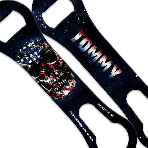 "ADD YOUR NAME" V-ROD® Bottle Opener – Grunge American Flag Skull