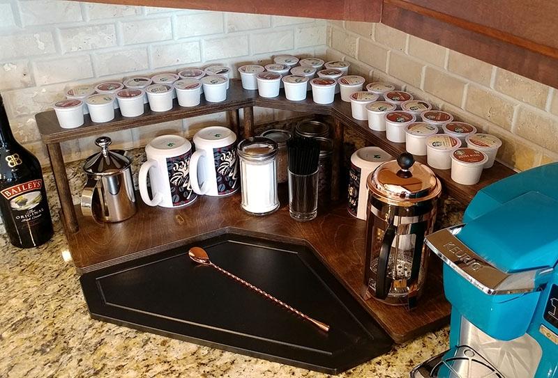 Counter Caddies™ - Stained Finish - CORNER Shelf w/ K-CUP Holes