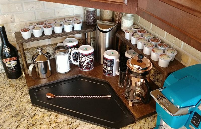 Counter Caddies™ - Stained Finish - CORNER Shelf w/ K-CUP Holes & Trash Can Inset