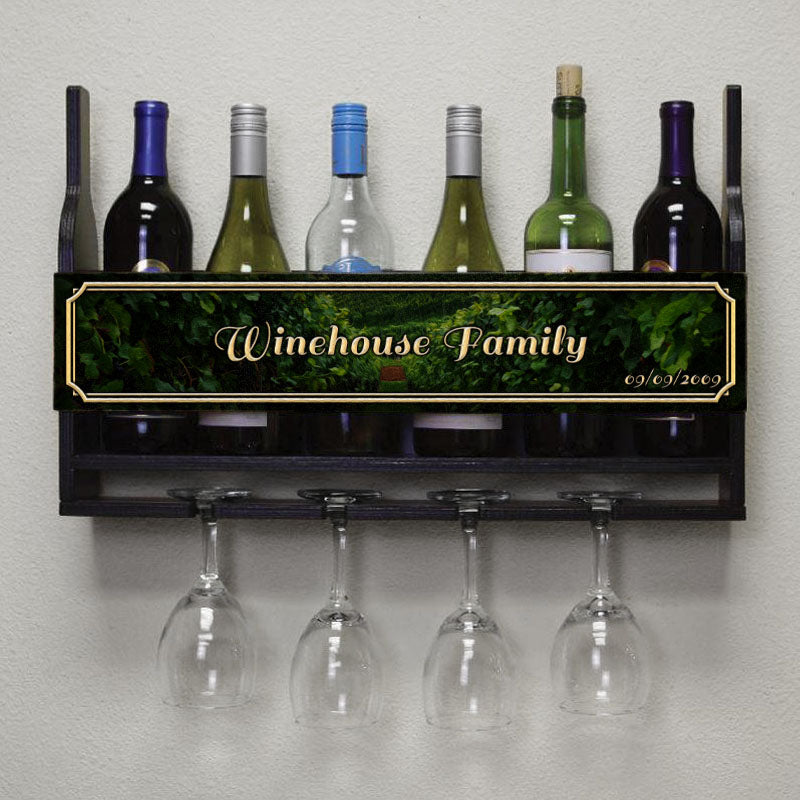 CUSTOMIZABLE Wall Mounted Wine Bottle & Glass Hanging Shelf 6 Bottles 4 Glasses