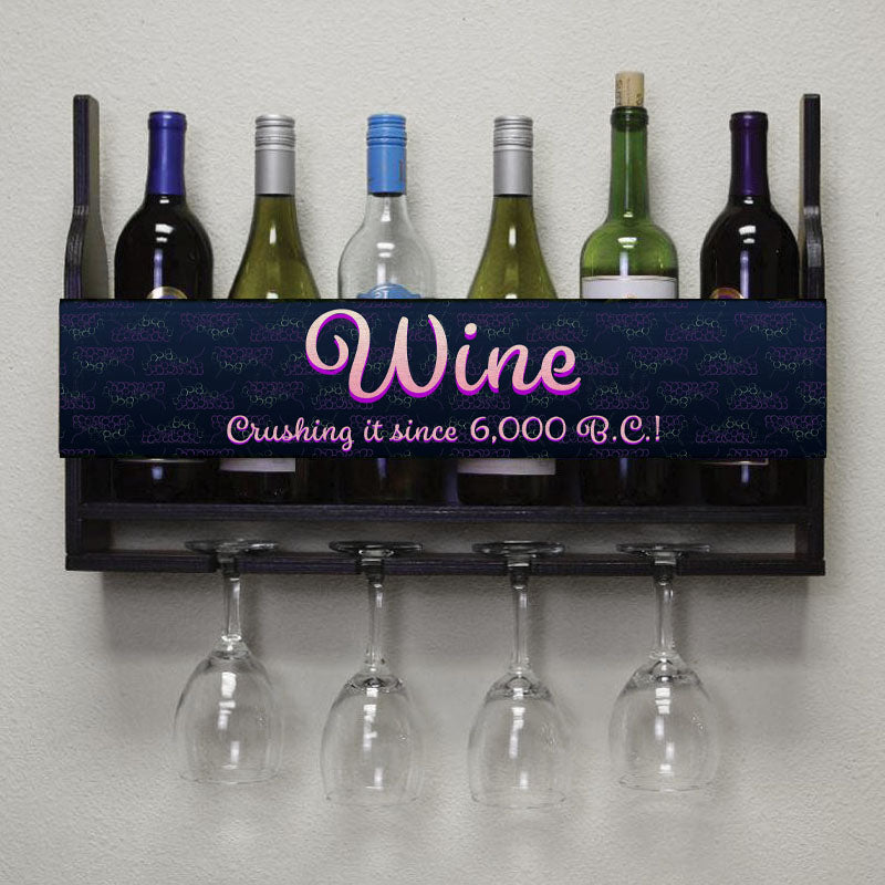 Wall Mounted Wine Bottle & Glass Hanging Shelf Grapes 6 Bottles 4 Glasses