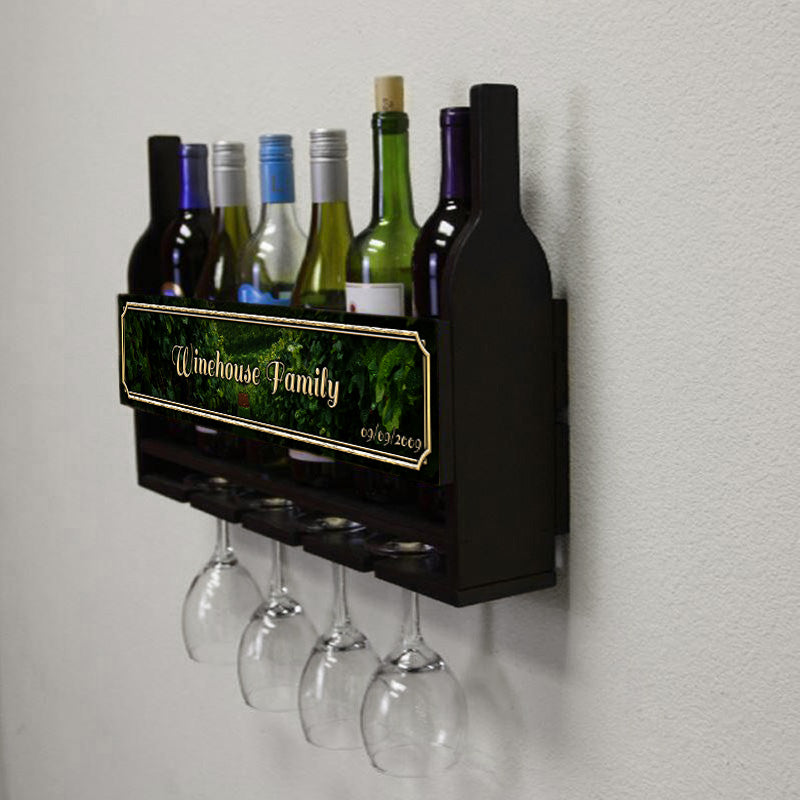 CUSTOMIZABLE Wall Mounted Wine Bottle & Glass Hanging Shelf Side 6 Bottles 4 Glasses Black