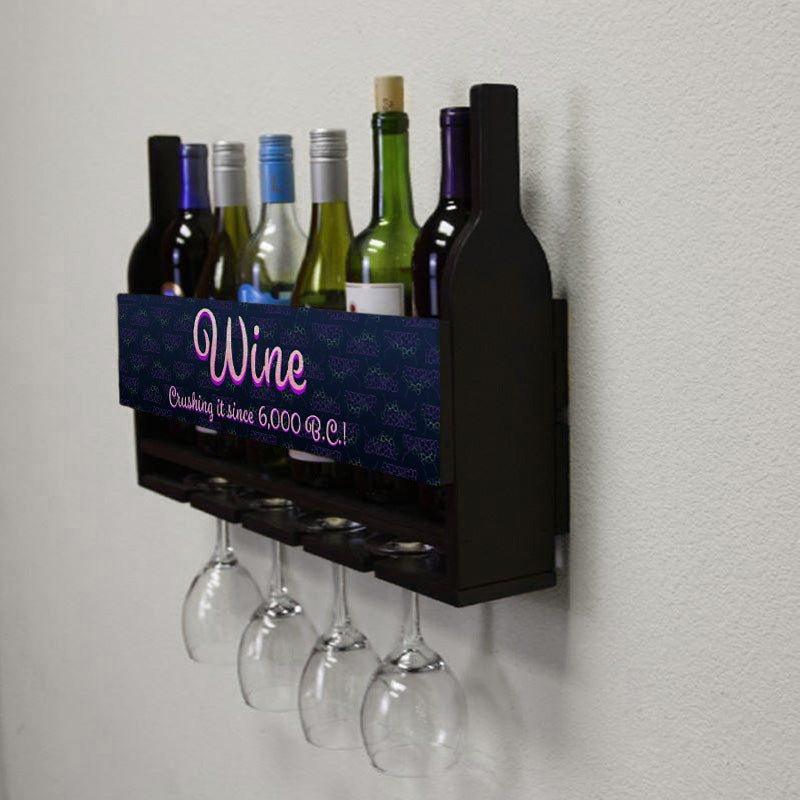 Wall Mounted Wine Bottle & Glass Hanging Shelf w/ Grapes Side 6 Bottles 4 Glasses