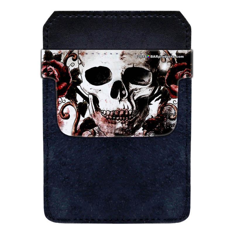 DekoPokit™ Leather Bottle Opener Pocket Protector w/ Designer Flap - Grungy Skull and Roses - SMALL