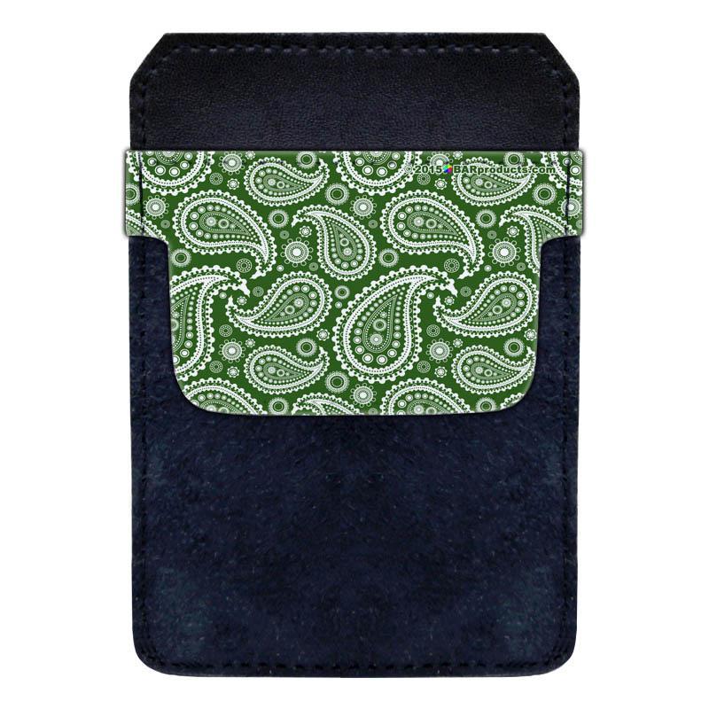 Leather Bottle Opener Pocket Protector w/ Designer Flap - Green Paisley