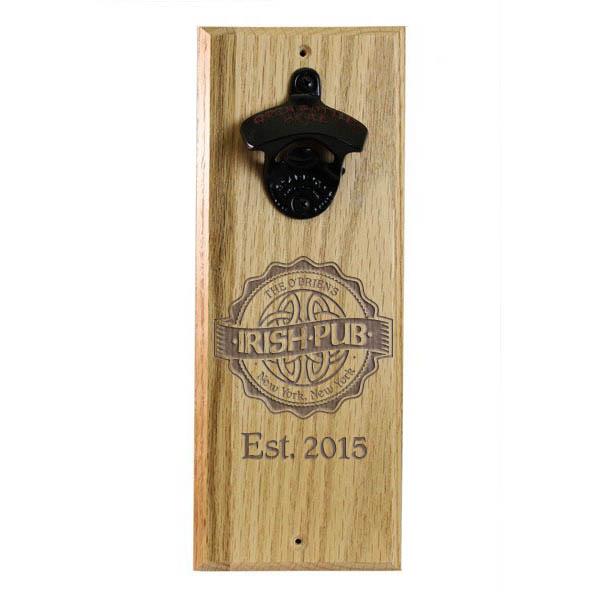 Engraved Irish Pub Wooden Wall Bottle Opener w/ Magnetic Cap Catcher