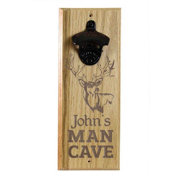 Engraved Man Cave Wooden Wall Bottle Opener w/ Magnetic Cap Catcher - Deer