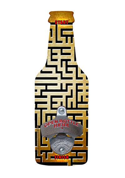 MAZE GAME Wooded Beer Shaped Wall Bottle Opener