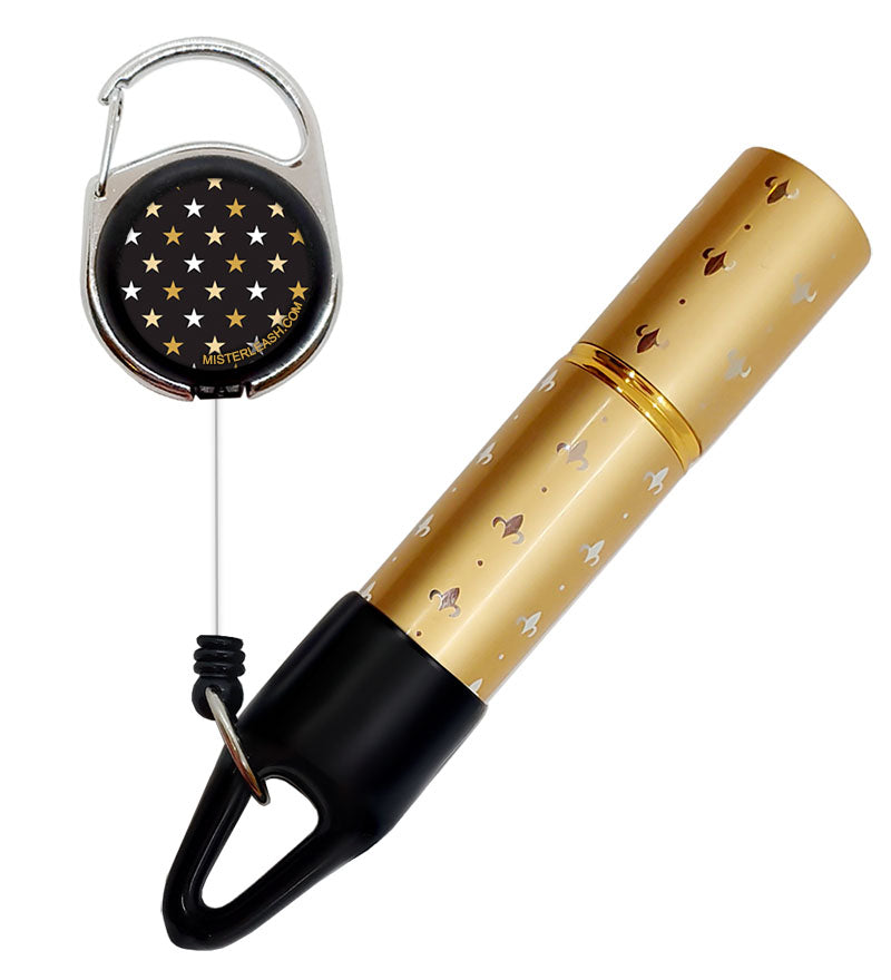 Mister Leash™ - Retractable Clip-on Atomizer for Hand Sanitizers - Gold Stars Design - Refillable