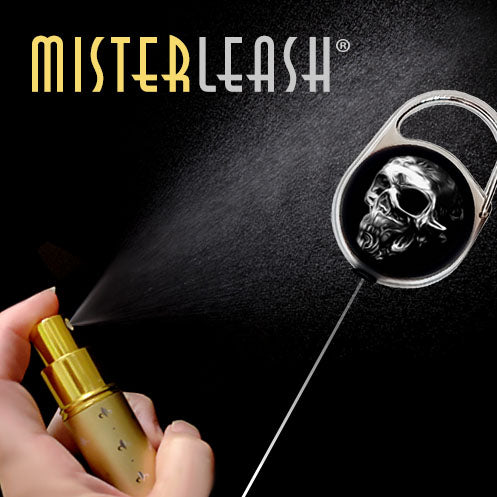 Mister Leash™ - Retractable Clip-on Atomizer for Hand Sanitizers - Chrome Skull Design - Refillable