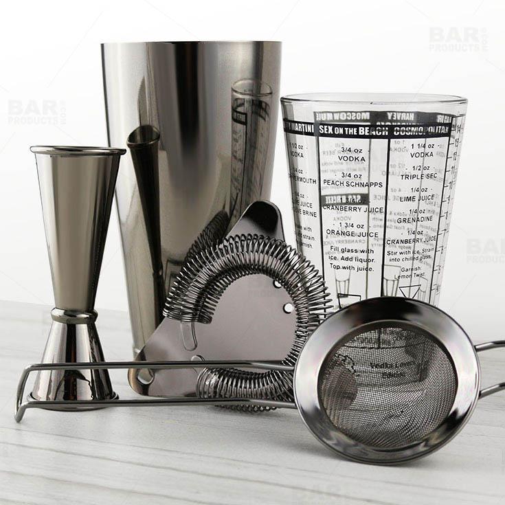 Mix Master™ Bar Set - Gun Metal Black - 5 Piece w/ Recipe Glass Options