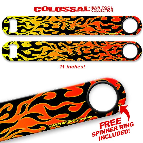 Kolorcoat™ 11" Long COLOSSAL™  Speed Bottle Opener – Flames – Orange / Black