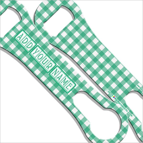 "ADD YOUR NAME"  V-ROD® Bottle Opener – Plaid Pattern – Green