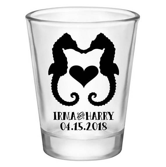 CUSTOMIZABLE Clear Wedding Shot Glass - Seahorse Love - 1.75oz