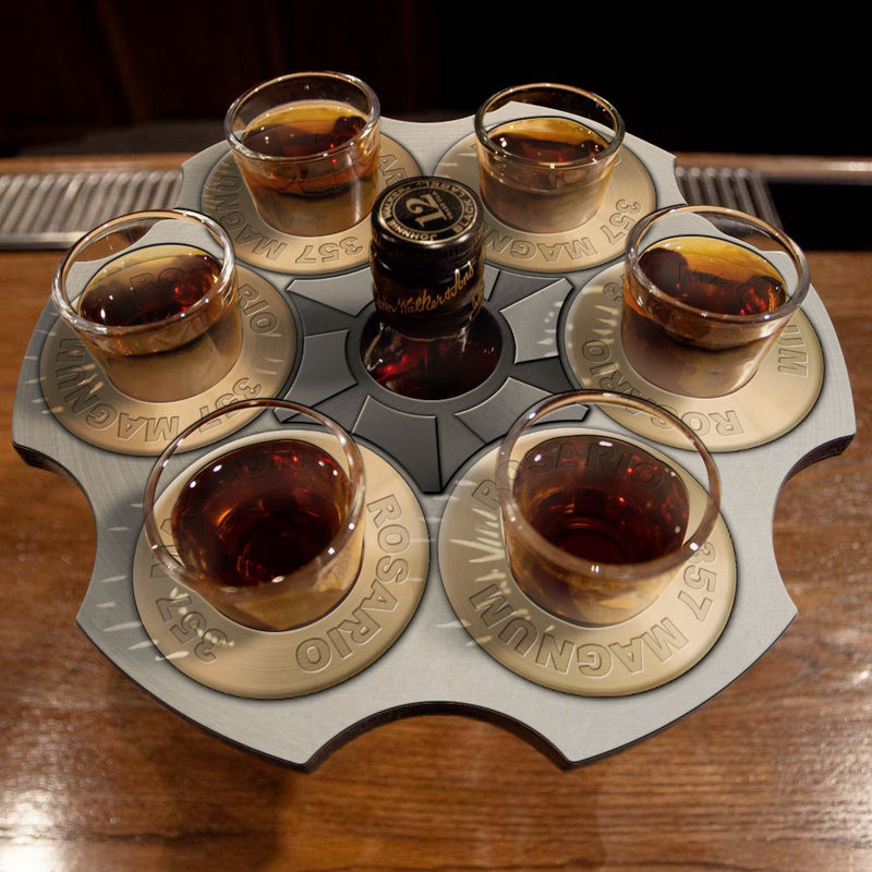 CUSTOMIZABLE 6-Shooter Wood Shot Glass Caddy Tray and Bottle Topper - "Revolver Cylinder" Brass Counter Whiskey