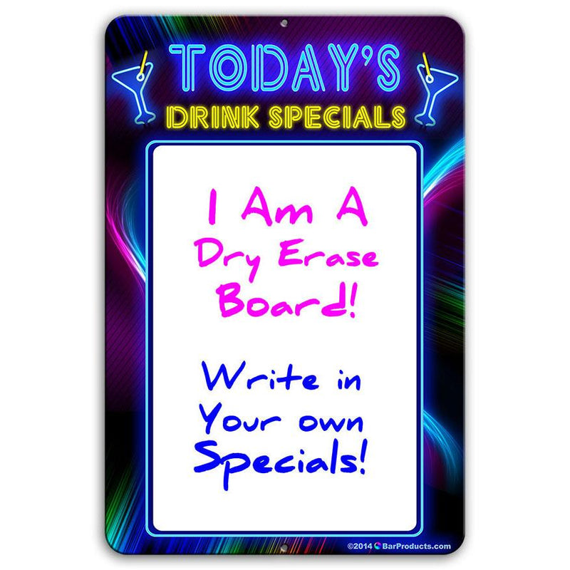 Today's Drink Specials - Dry Erase 12" x 18" Metal Bar Sign - Neon Themed