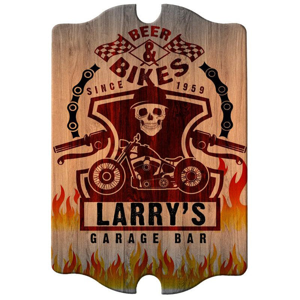 Custom Tavern Shaped Wood Bar Sign - Biker